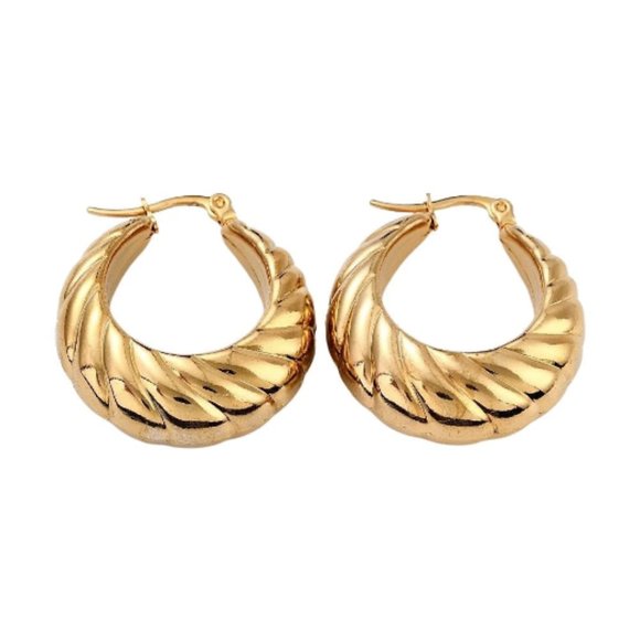 24K Gold Plated Rib Lined Hoop Pierced Post Earrings 32mm Long Thick Band - Picture 7 of 12